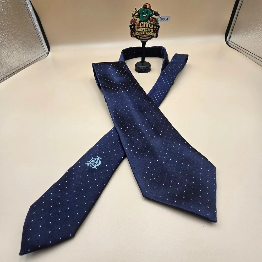 Dunhill London Navy Blue Pin Dot Silk Tie Handmade in Italy Mens Necktie Luxury